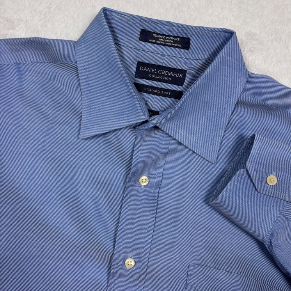 Daniel Cremieux‎ Button Shirt Mens XL 17 34/35 Blue Micro Stripe Long Sleeve VTG